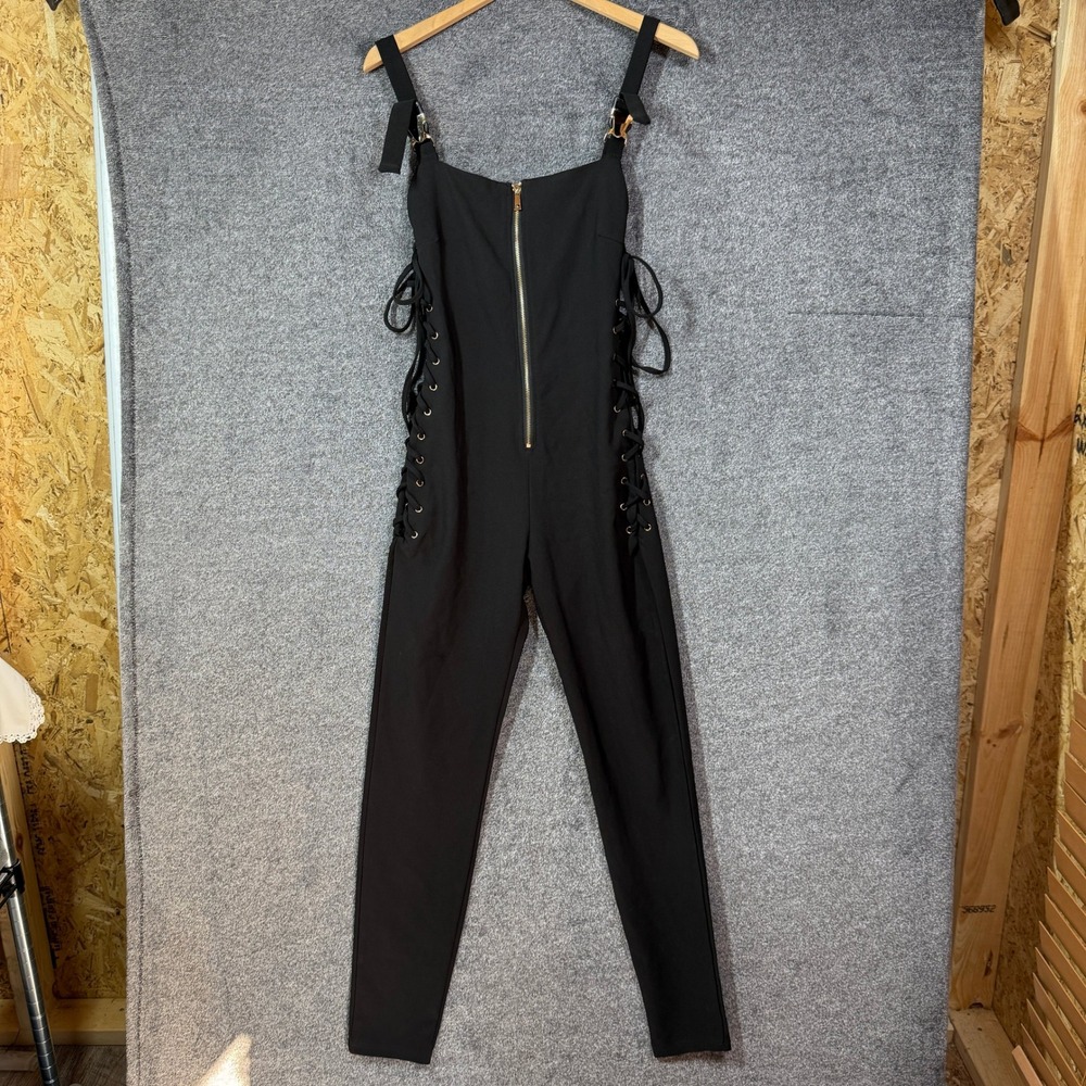 Kaylee Kollection Jumpsuit Womens M Black Lace Up Side Front Zip Edgy Sleek